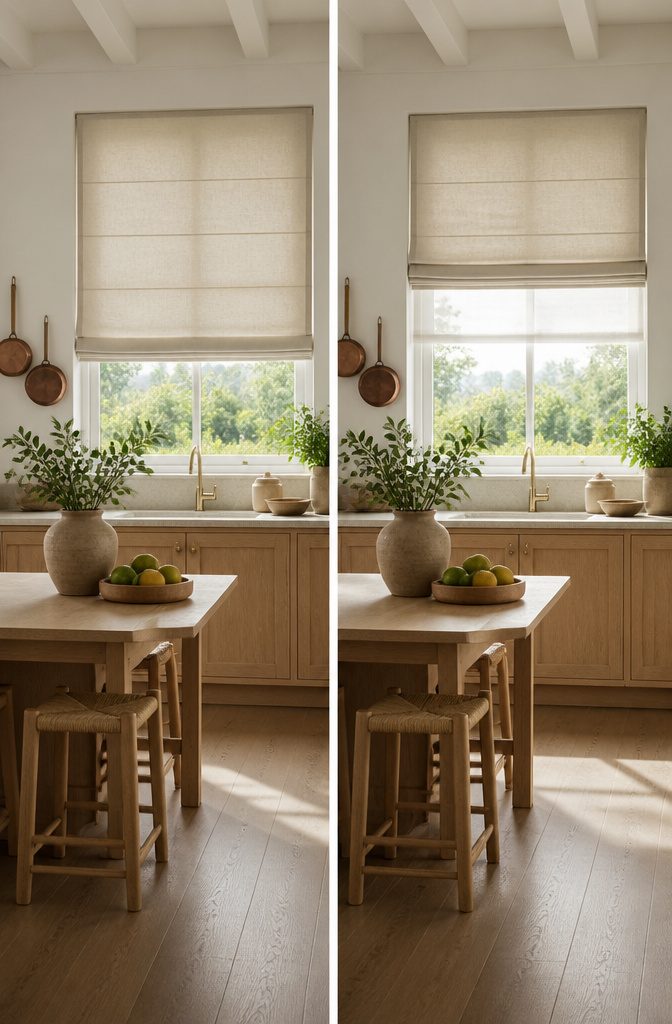 Plain fold roman shades showcasing varying light filtration.
