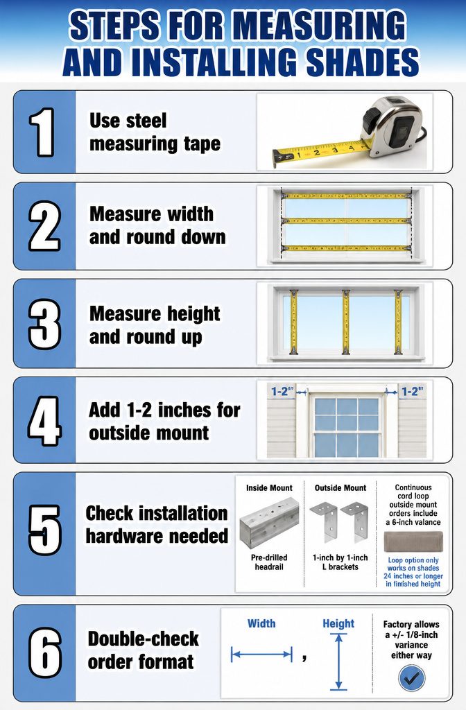 Steps for measuring and installing plain fold roman shades.