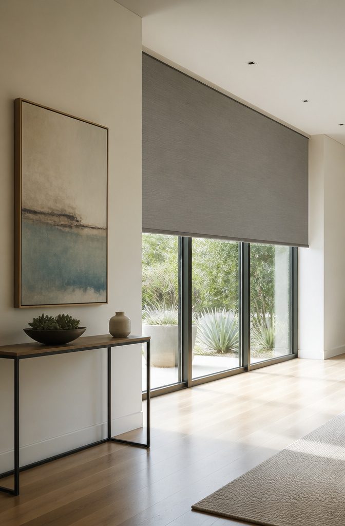 Plain fold roman shade in a modern interior with clean lines.