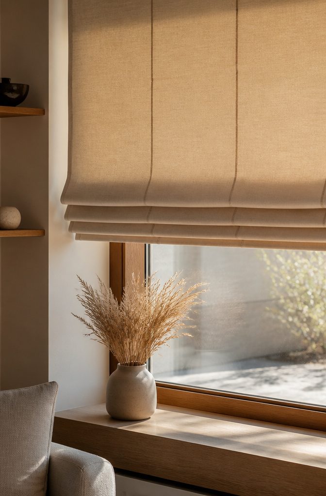 Close-up of a plain fold roman shade with warm beige fabric.