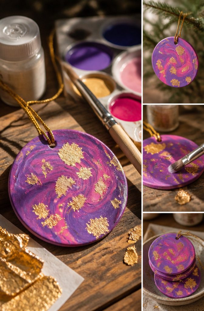 How to Make Polymer Clay Christmas Ornaments: 6 Steps 10 Polymer clay ornaments with embedded colors and metallic leaf accents.