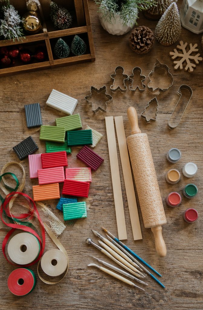 How to Make Polymer Clay Christmas Ornaments: 6 Steps 1 Blocks of Sculpey Soufflé and Fimo clay on a table.