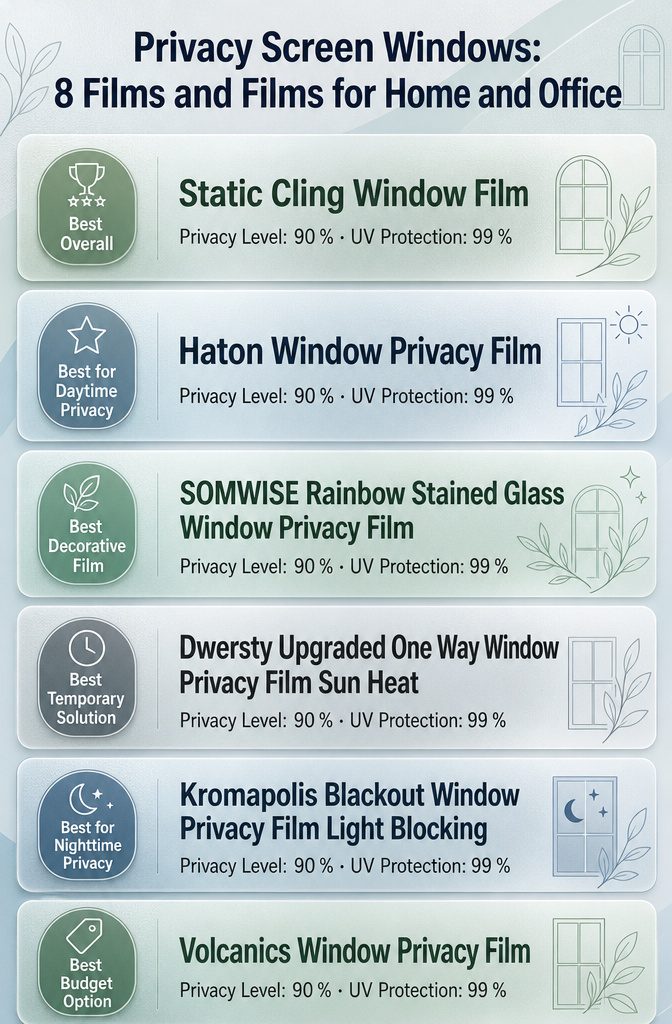 Privacy Screen Windows: 8 Films and Films for Home and Office 4 Infographic comparing different privacy screen window films