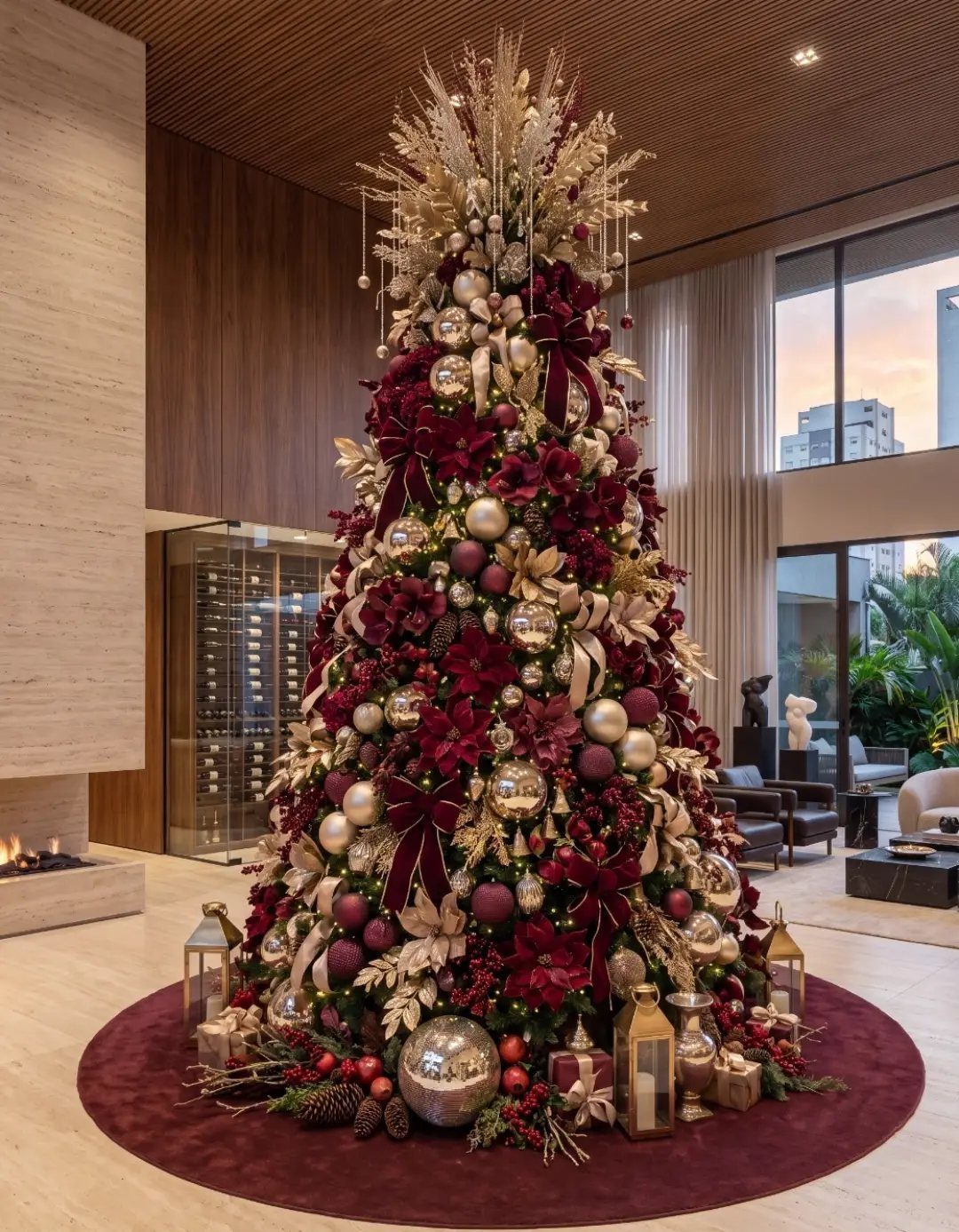 A tall Christmas tree decorated with burgundy poinsettias, gold leaves, and red and burgundy ornaments.
