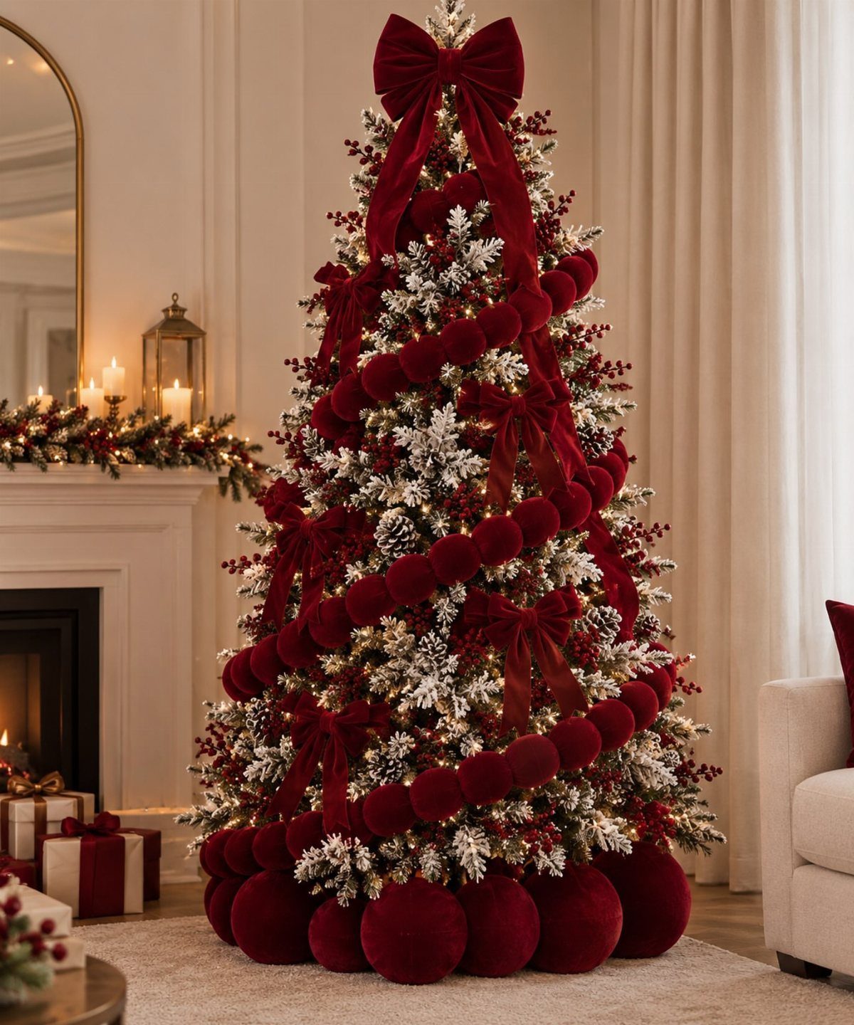 A flocked Christmas tree decorated with burgundy velvet pom-pom garlands and large red velvet bows.