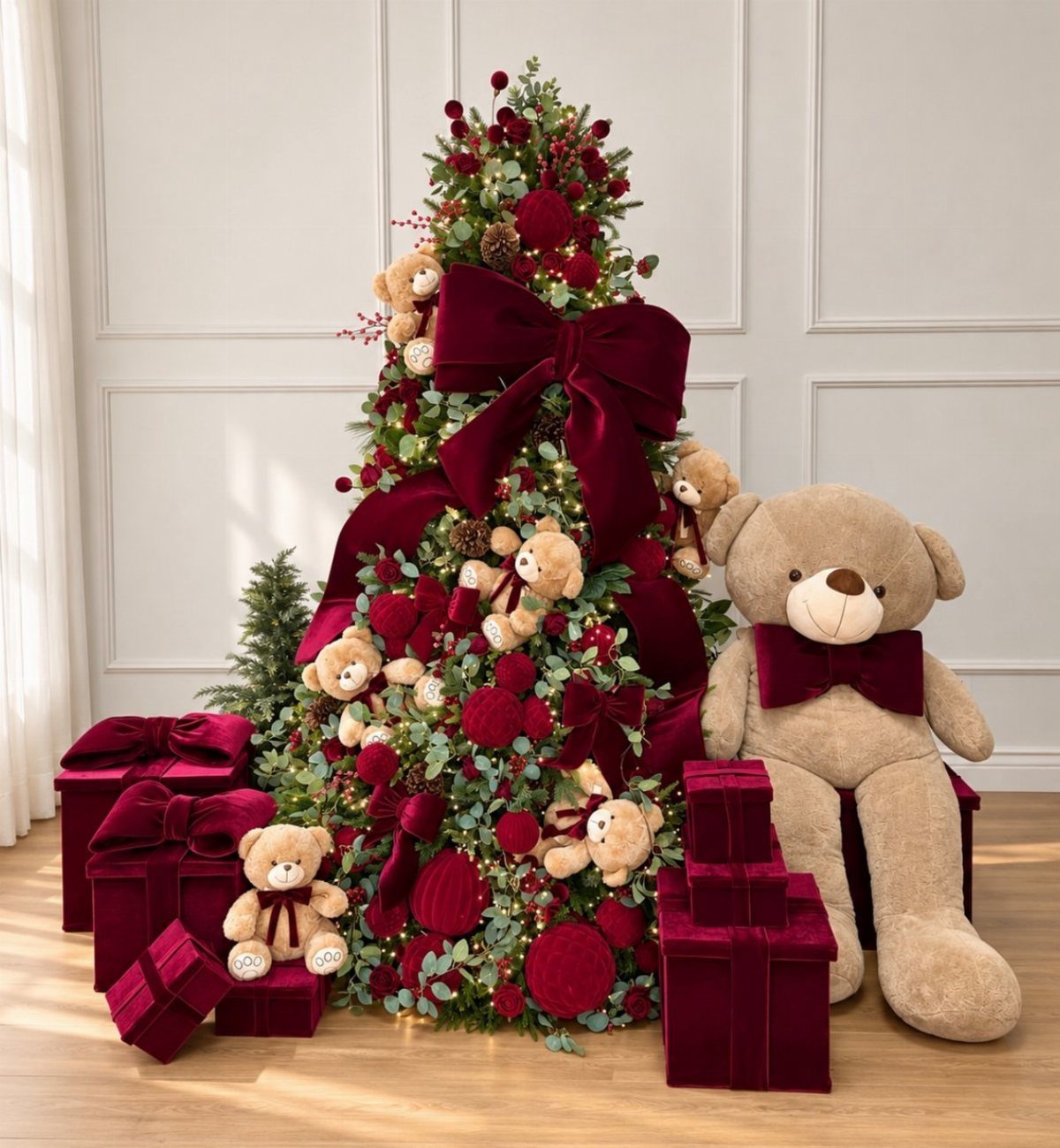Decorated Christmas tree with red velvet bows, burgundy ornaments, and teddy bears surrounded by gift boxes.