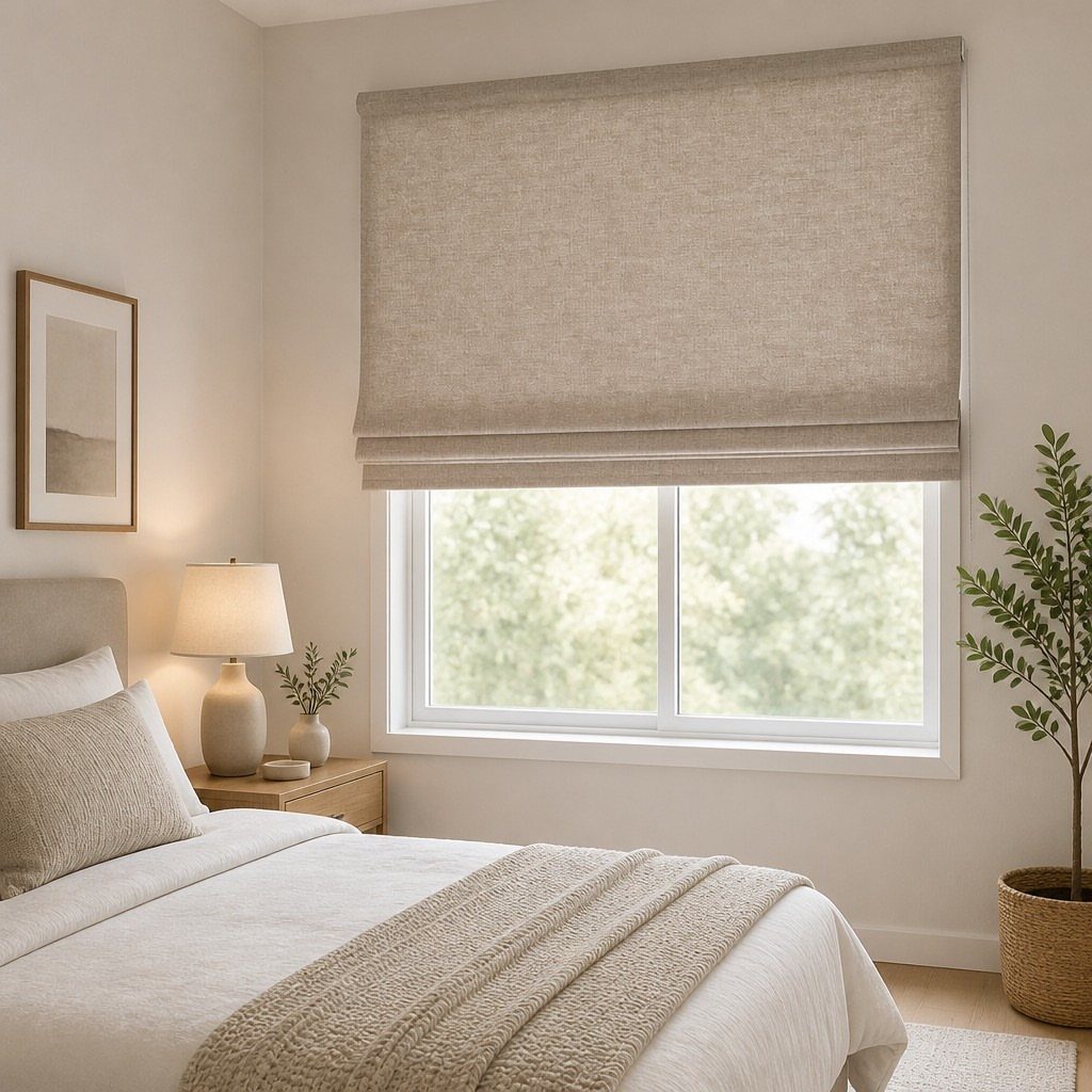 A beige fabric roman blind hanging above a window in a bright, neutral bedroom.