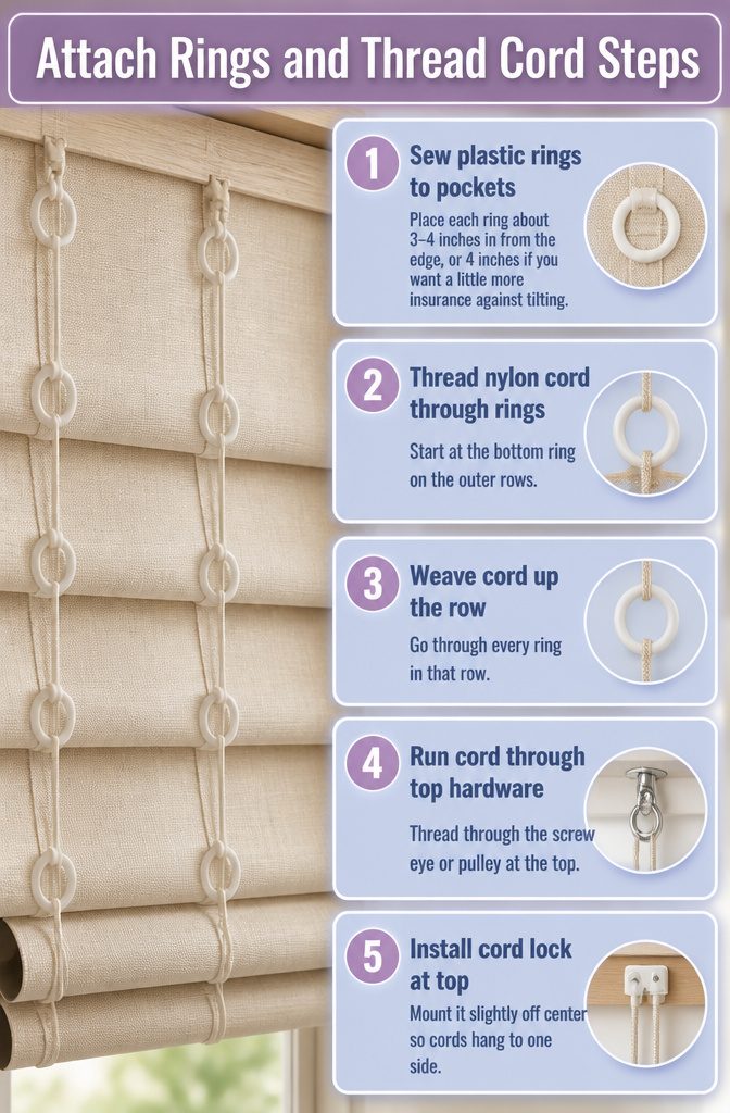 Instructions for attaching rings and threading cords.