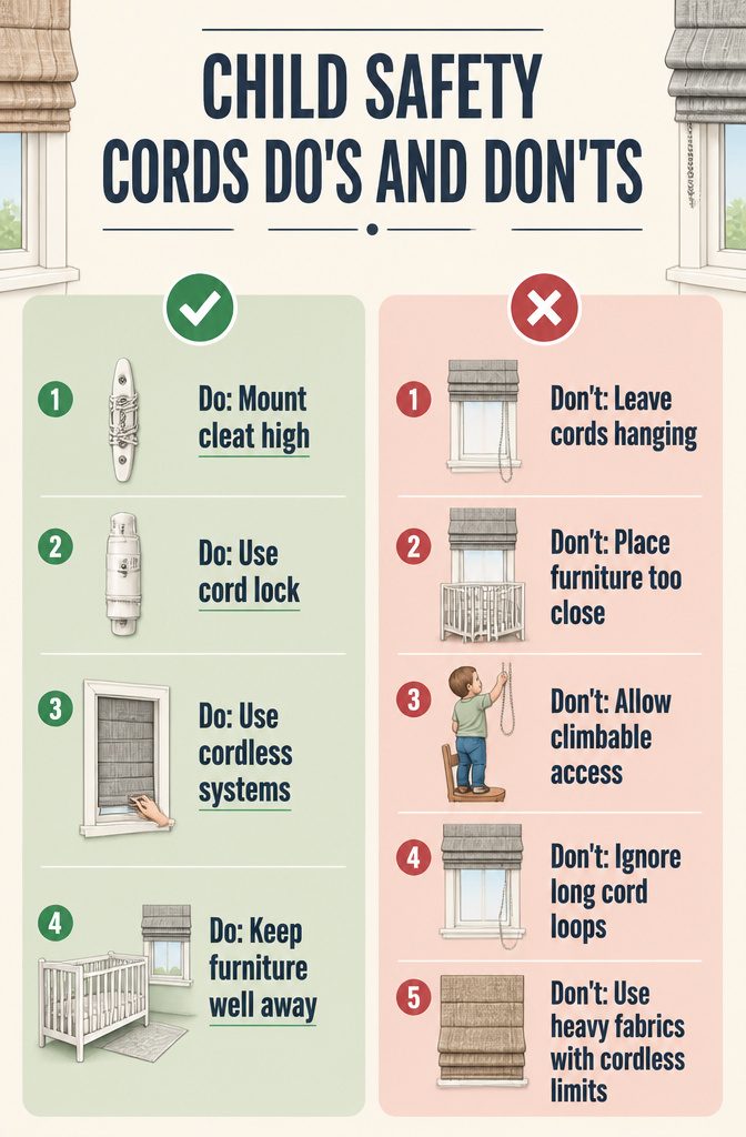Safety tips for managing cords on Roman shades.