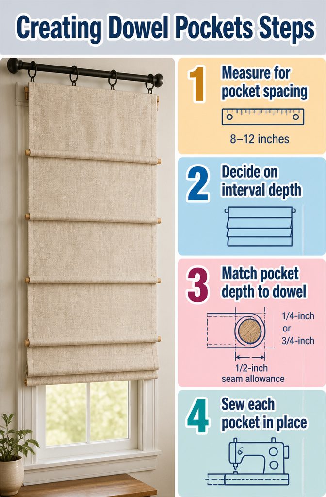 Steps for creating dowel pockets in Roman shades.