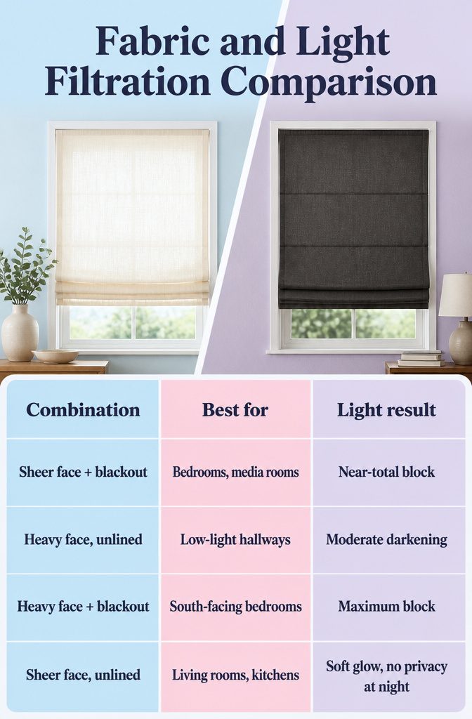 Comparison of fabric types for light filtration in Roman shades.