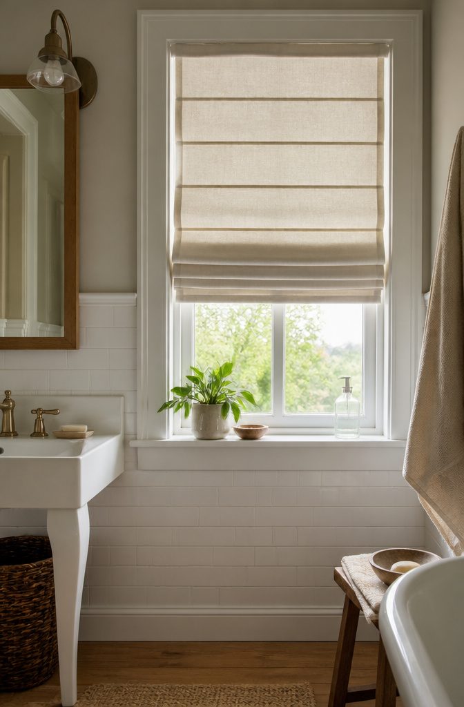 A faux Roman shade in a softly lit bathroom.