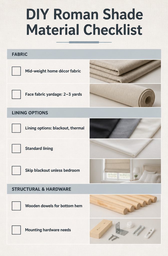 Materials checklist for making DIY Roman shades.