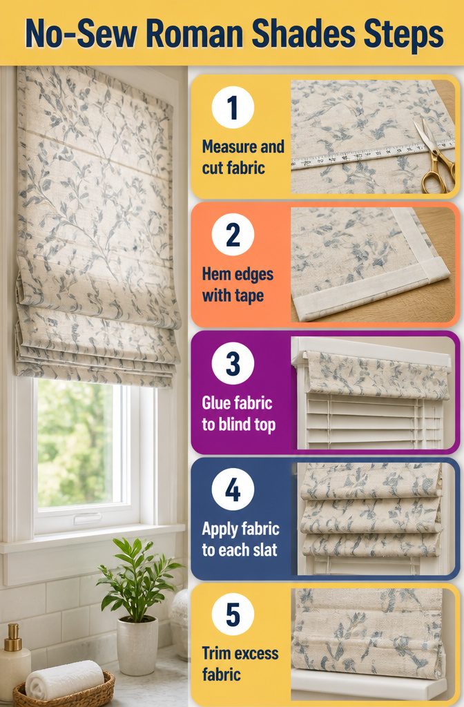 Instructions for creating no-sew Roman shades with mini blinds.