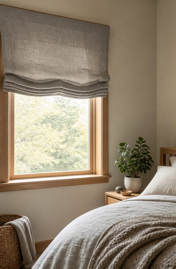 A relaxed Roman shade made of light gray fabric.