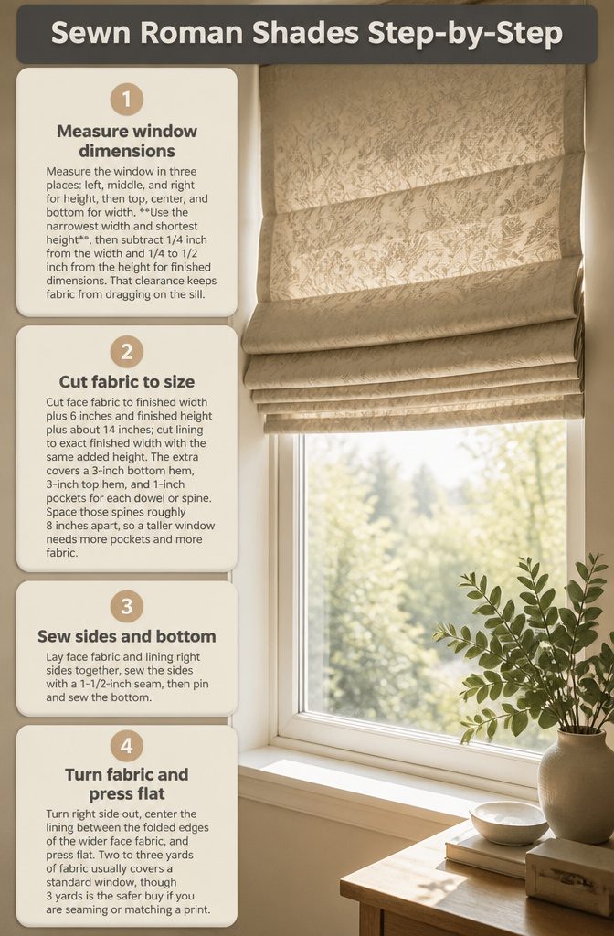 Step-by-step instructions for making sewn Roman shades.