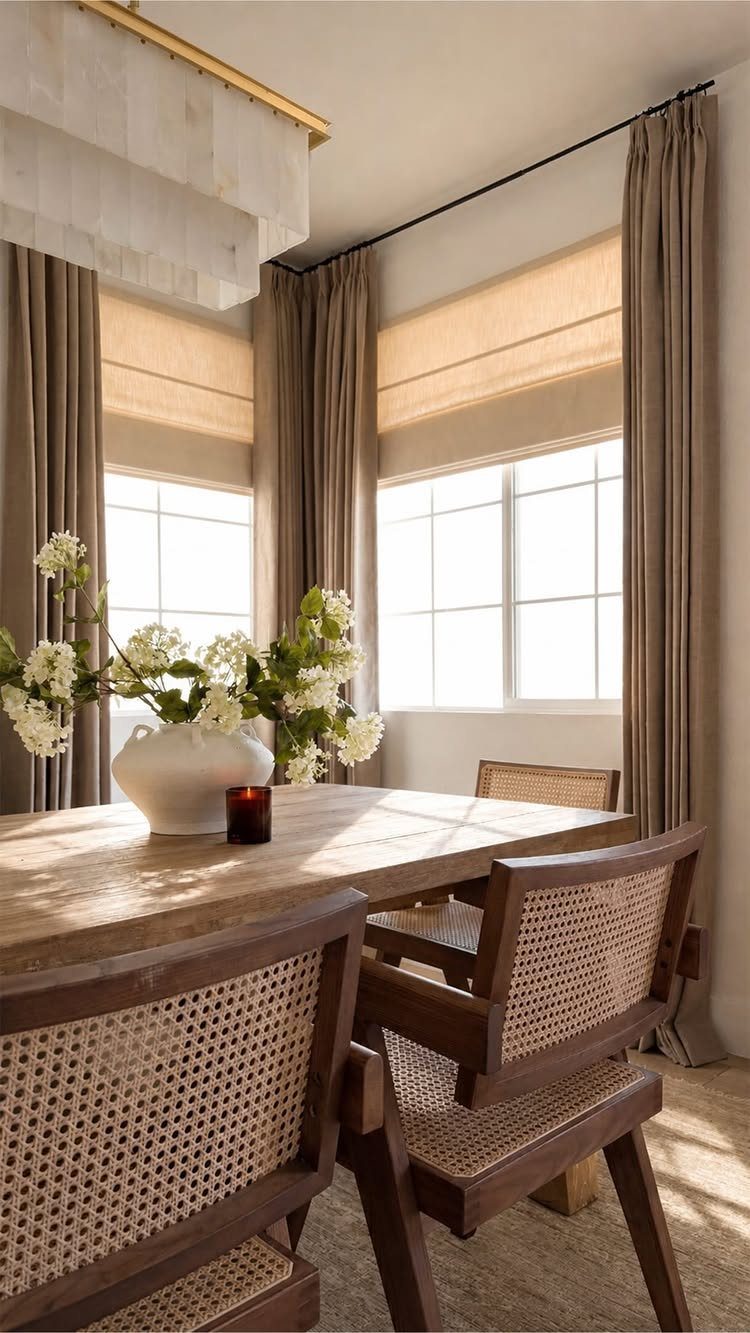 Roman Shades with Curtains: 8 Looks That Work 3 Beige linen roman shades paired with long taupe curtains in a sunlit dining room.