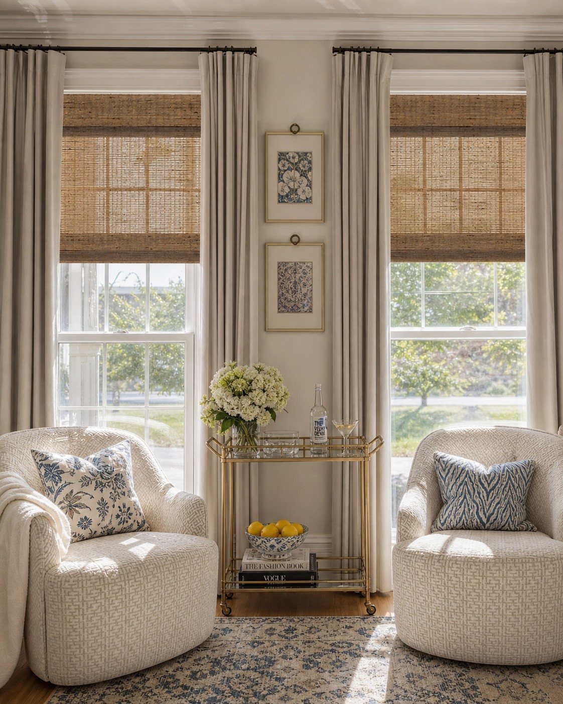 Roman Shades with Curtains: 8 Looks That Work 6 Woven bamboo roman shades paired with long neutral curtains in a bright living room setting.