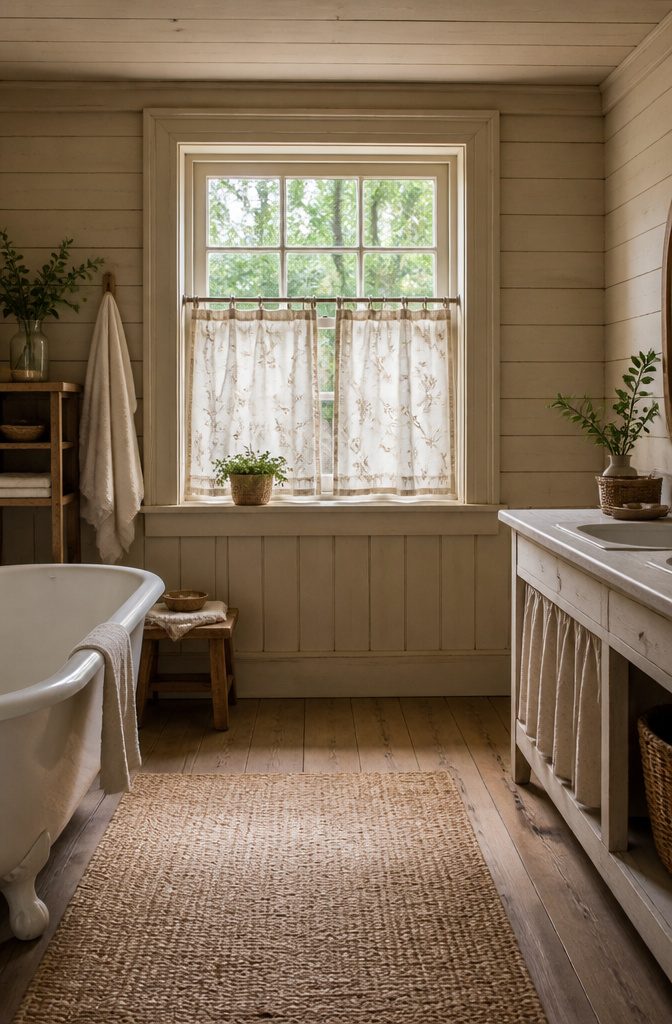 Rustic Window Treatments: 10 Ideas for Style and Function 8 Café curtains covering the lower half of a kitchen window.