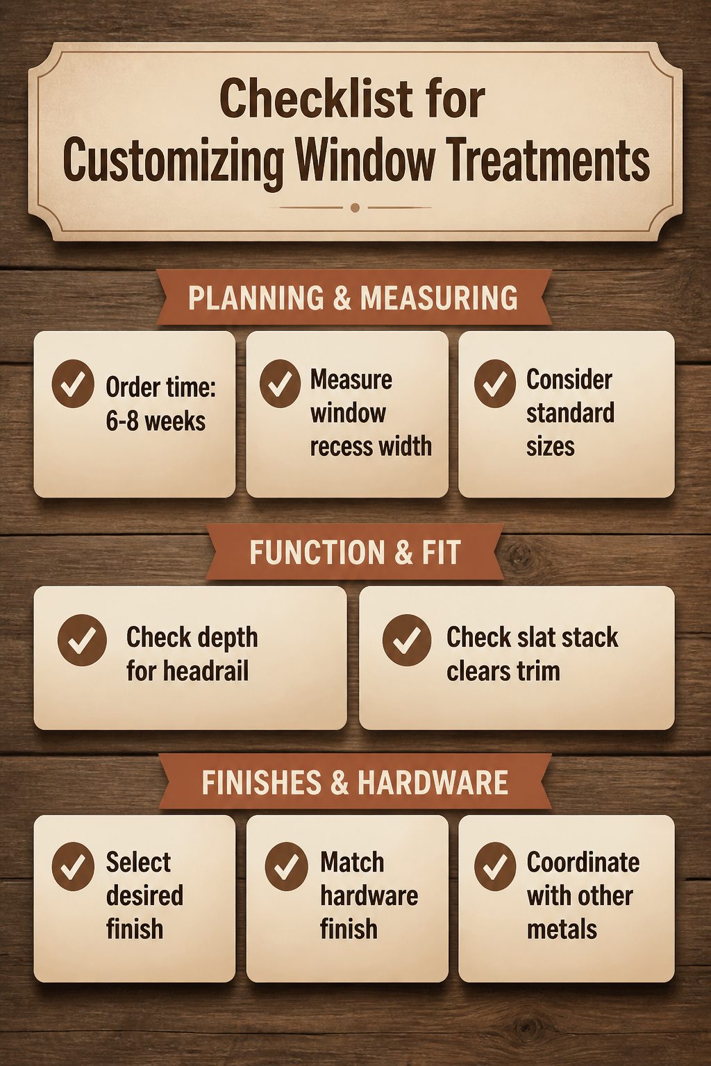 Rustic Window Treatments: 10 Ideas for Style and Function 15 Checklist for customizing window treatment sizes and finishes.