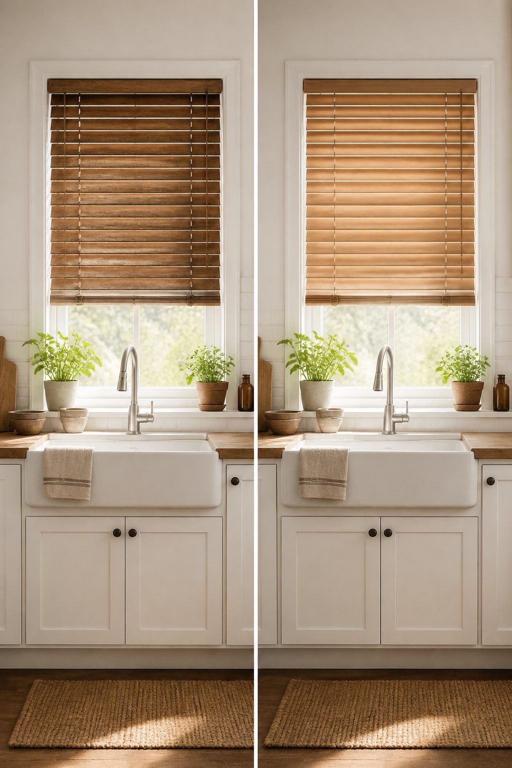 Rustic Window Treatments: 10 Ideas for Style and Function 2 Faux wood blinds in a kitchen setting, showcasing their moisture resistance.