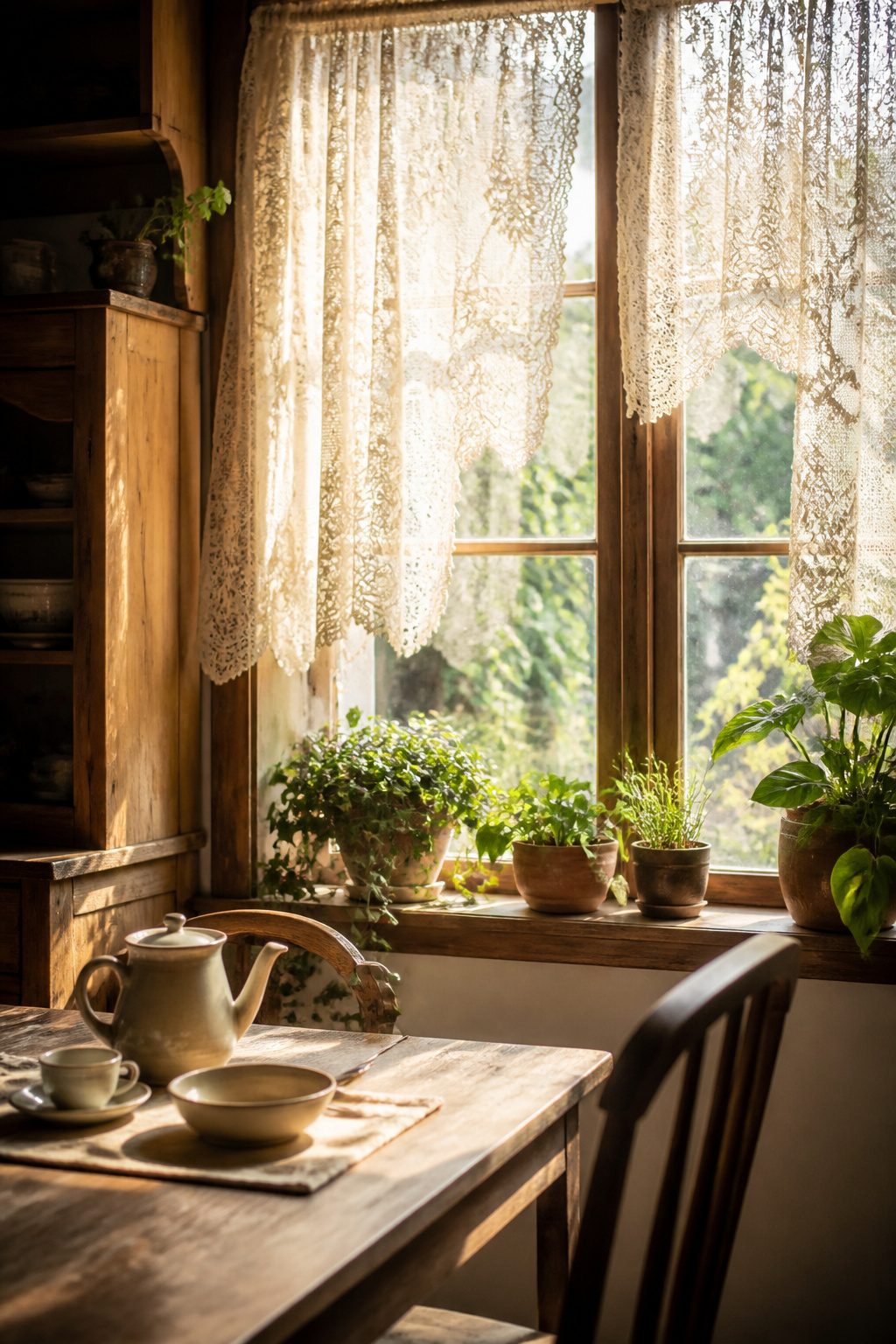 Rustic Window Treatments: 10 Ideas for Style and Function 10 Breakfast area with lace curtains and a rustic wooden table.