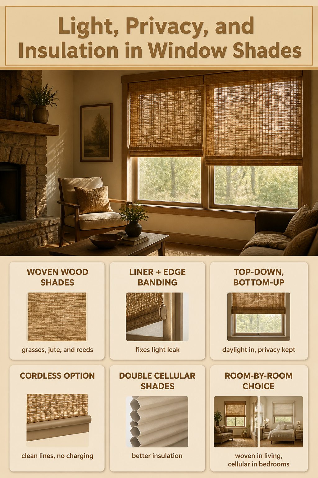 Rustic Window Treatments: 10 Ideas for Style and Function 14 Woven wood shades installed on a window, allowing light to filter through.