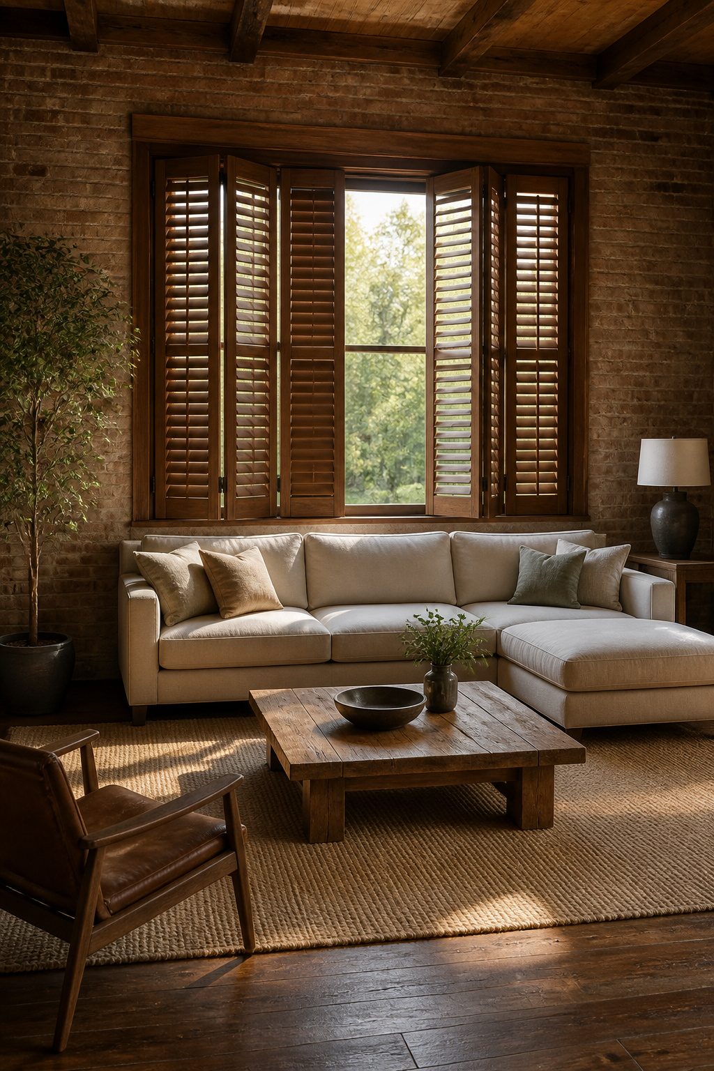 Rustic Window Treatments: 10 Ideas for Style and Function 5 Plantation shutters with wide louvers in a rustic setting.