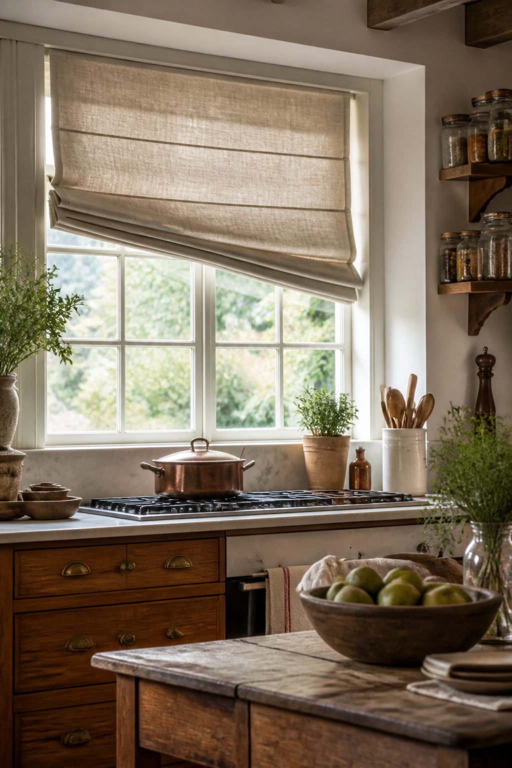 Rustic Window Treatments: 10 Ideas for Style and Function 4 Roman shades made of linen in a light-filled room.