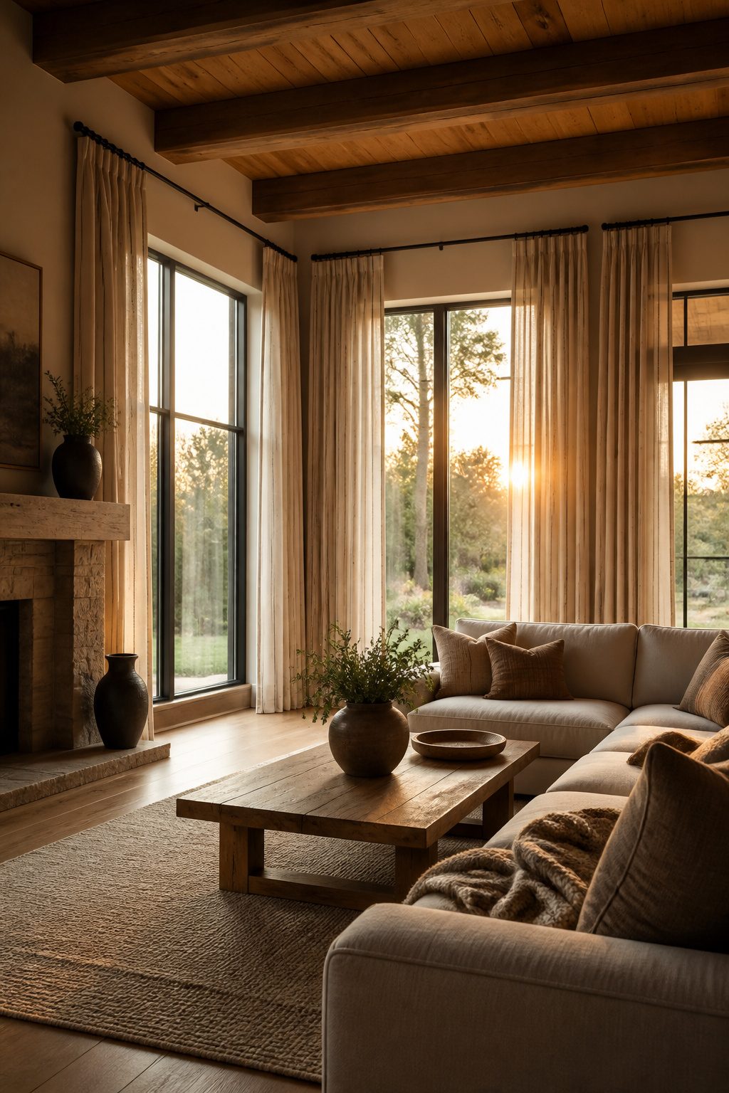 Rustic Window Treatments: 10 Ideas for Style and Function 9 Living room with vertical striped curtains and views of the garden.