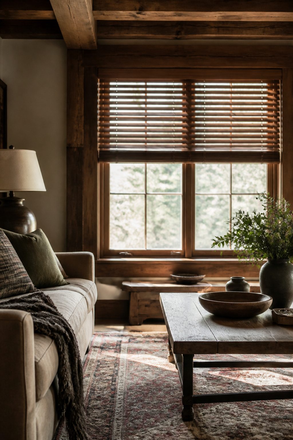 Rustic Window Treatments: 10 Ideas for Style and Function 1 Cozy living room featuring stained wood blinds and exposed wooden beams.