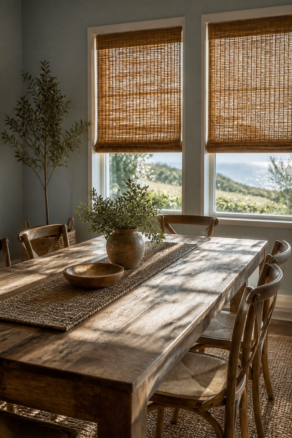 Rustic Window Treatments: 10 Ideas for Style and Function 3 Dining room with woven wood shades allowing filtered sunlight.