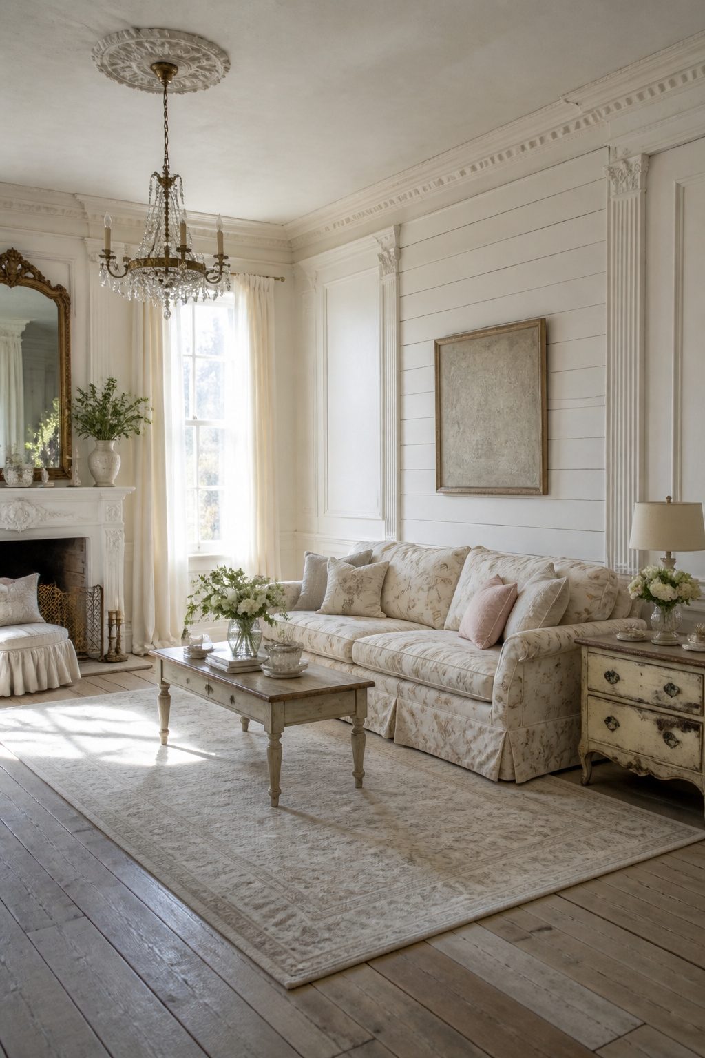 10 Shabby Chic Living Room Ideas for Soft, Lived-In Charm 10 A shabby chic living room with wall mouldings and textured surfaces.