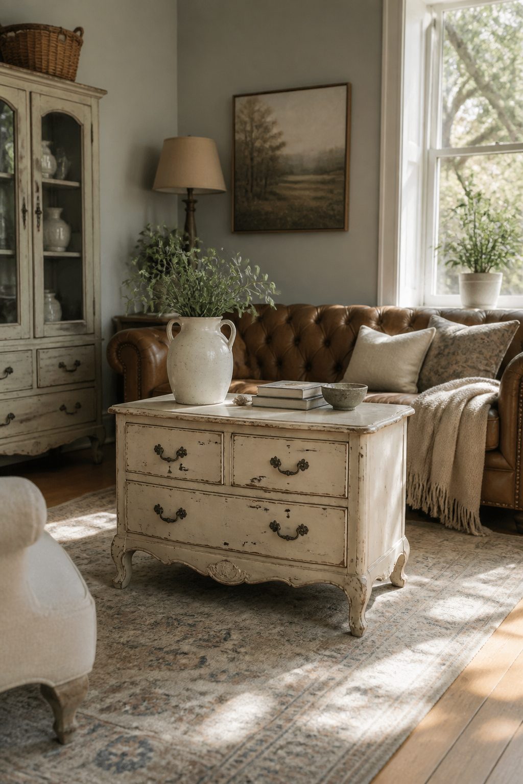 10 Shabby Chic Living Room Ideas for Soft, Lived-In Charm 2 A shabby chic living room with a distressed dresser and an antique leather sofa.