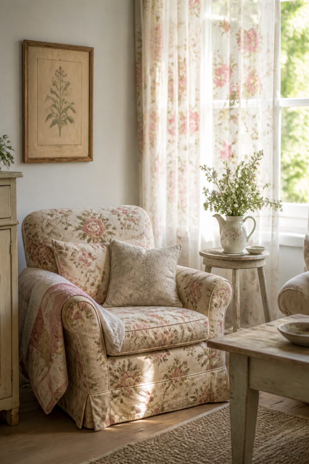 10 Shabby Chic Living Room Ideas for Soft, Lived-In Charm 3 A quilted armchair with floral upholstery and a vintage side table.