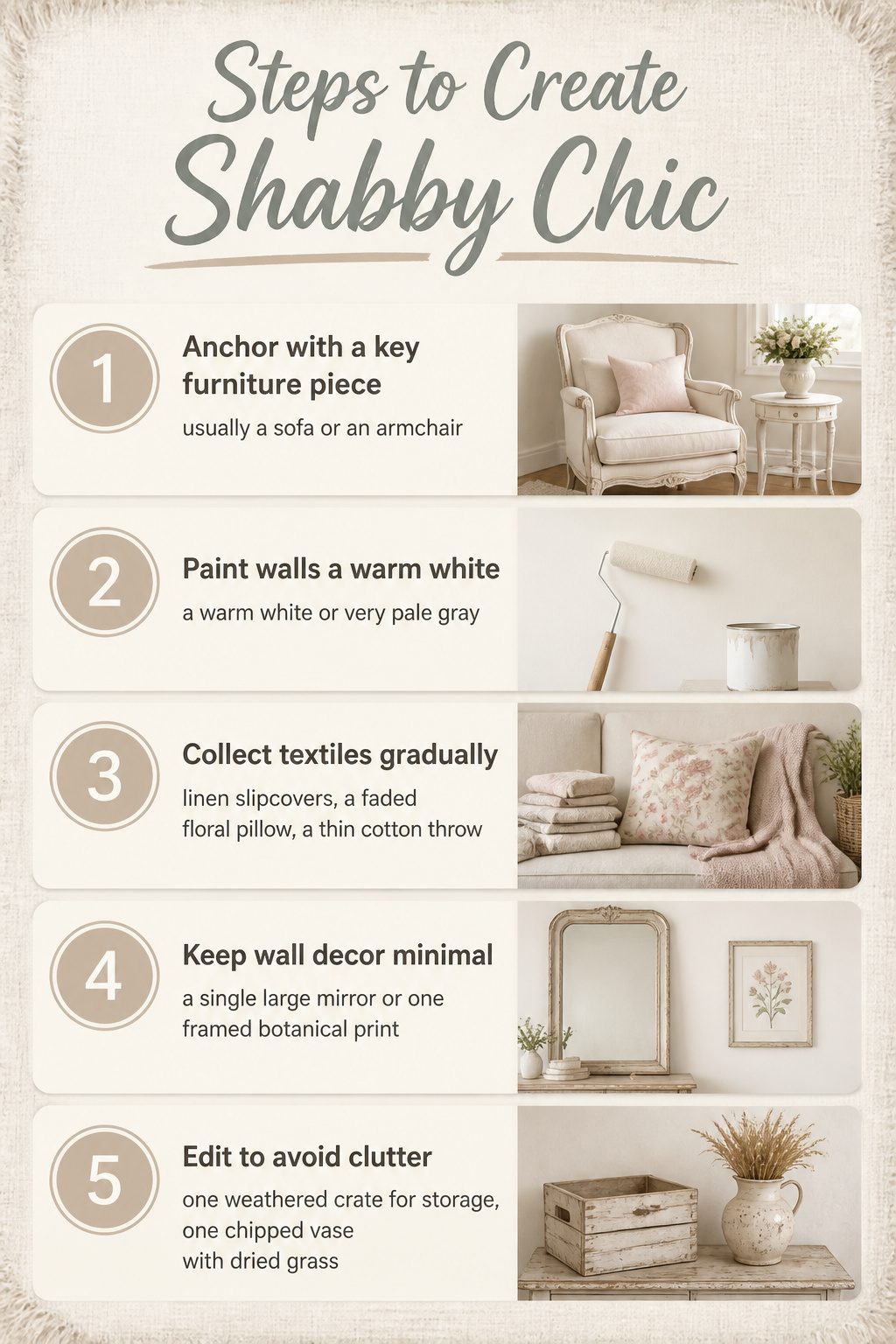 10 Shabby Chic Living Room Ideas for Soft, Lived-In Charm 13 An information image detailing steps to achieve a shabby chic interior.