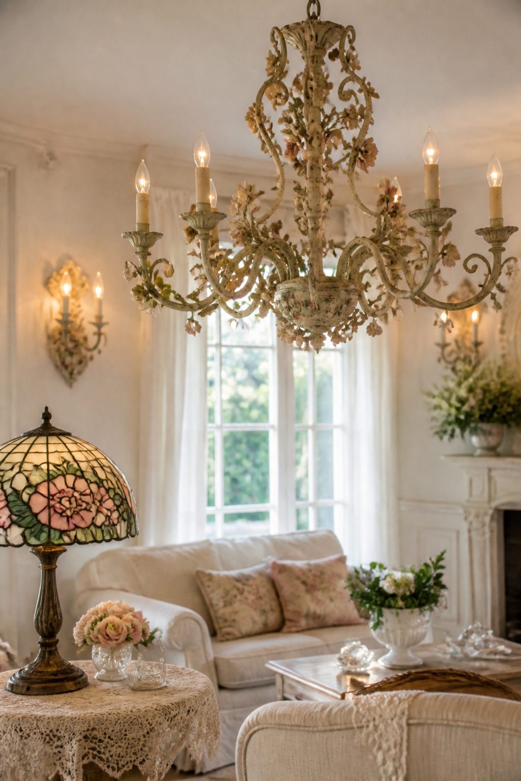 10 Shabby Chic Living Room Ideas for Soft, Lived-In Charm 7 A French crystal chandelier hanging in a shabby chic living room.