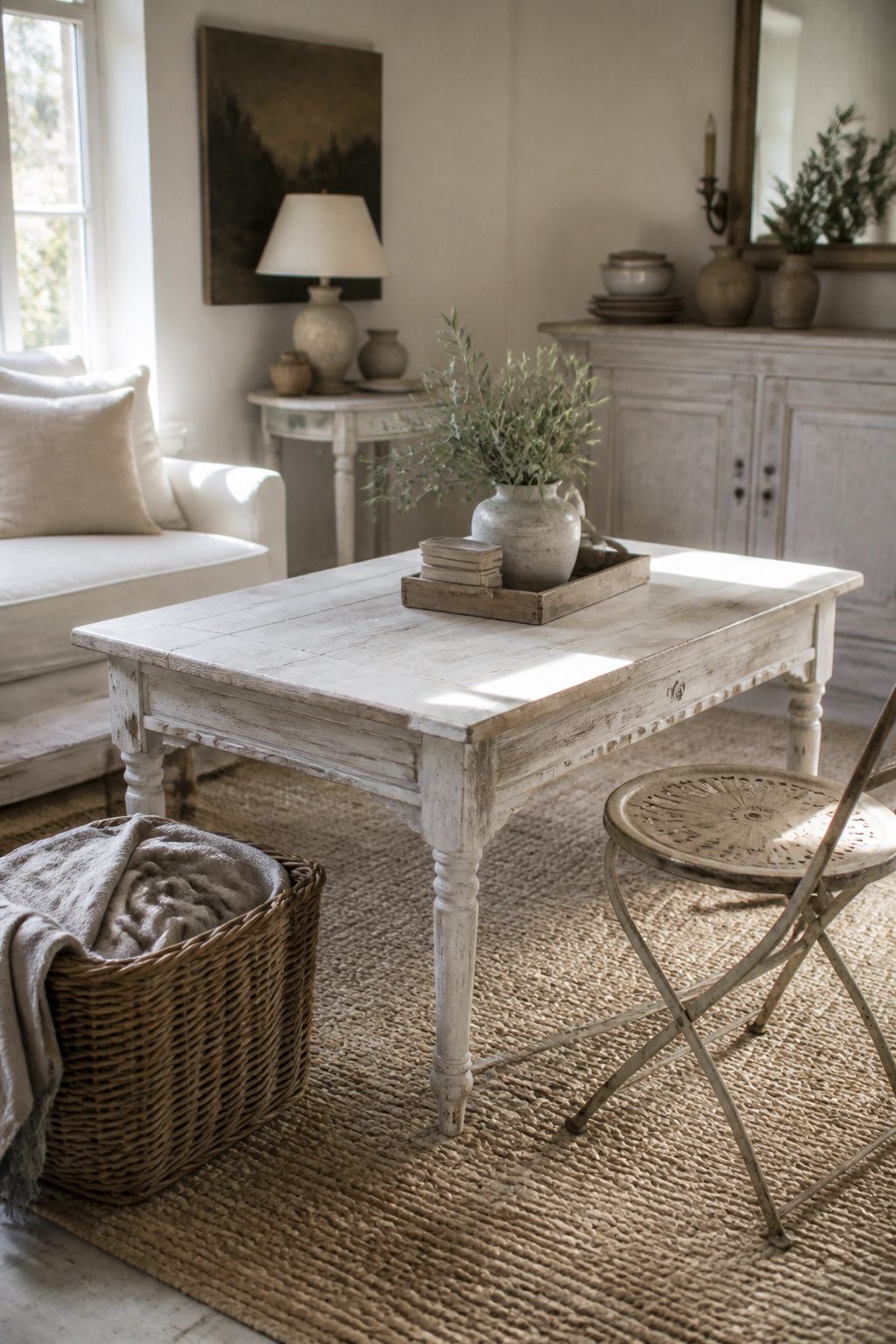 10 Shabby Chic Living Room Ideas for Soft, Lived-In Charm 9 A whitewashed table surrounded by wicker and painted wrought iron furniture.