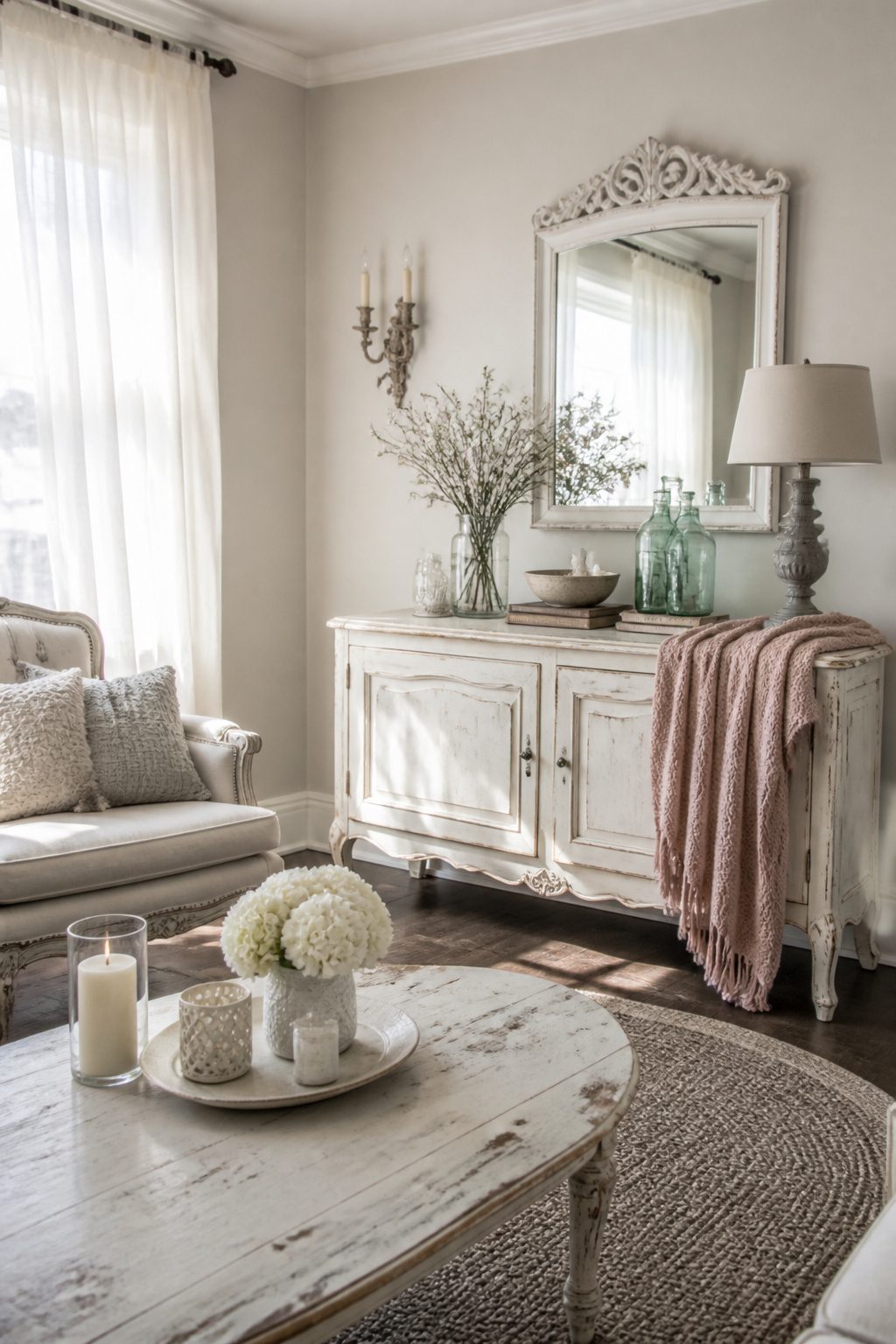 10 Shabby Chic Living Room Ideas for Soft, Lived-In Charm 1 A shabby chic living room with cream walls and a distressed white console table.