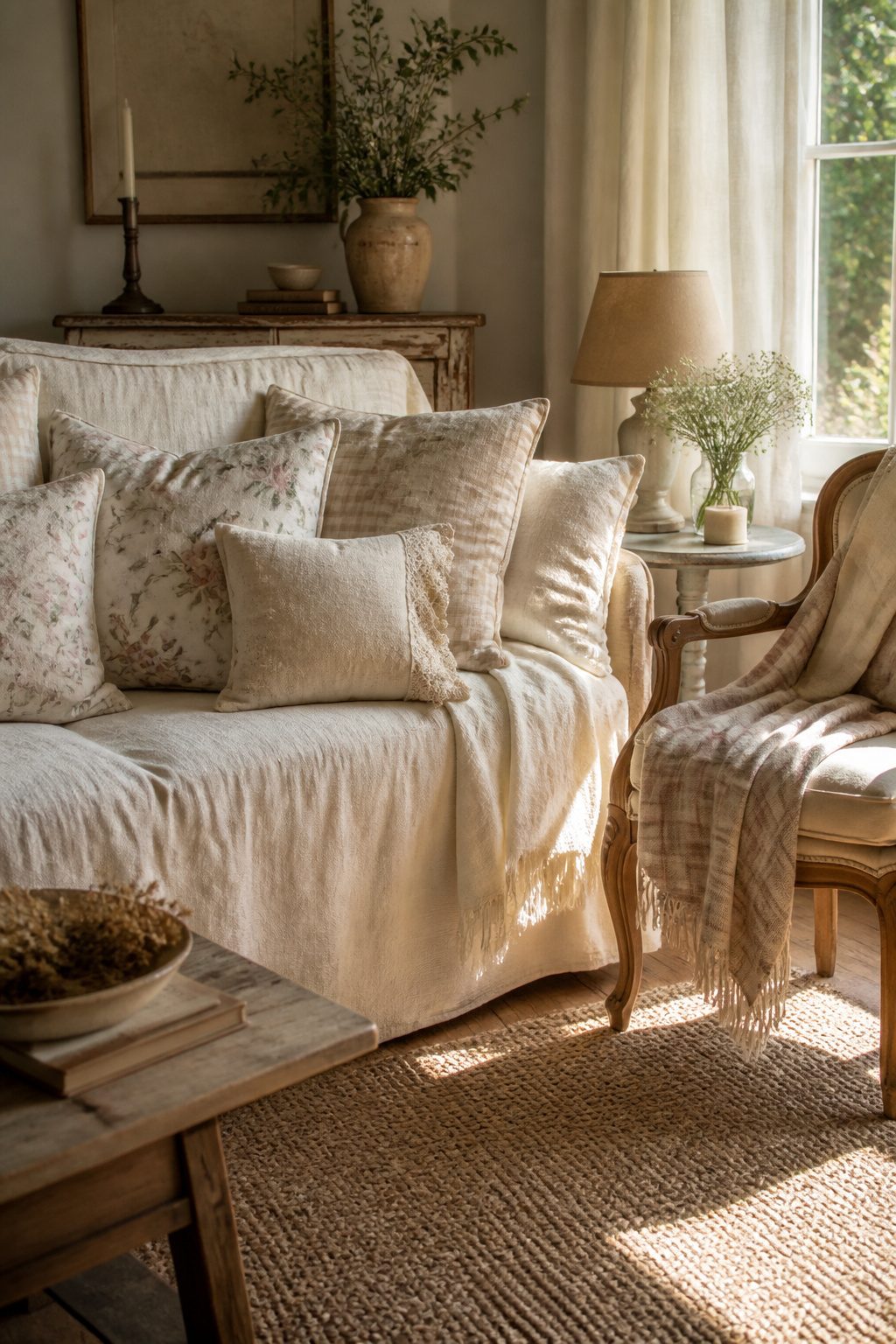 10 Shabby Chic Living Room Ideas for Soft, Lived-In Charm 5 A shabby chic sofa layered with cushions and a linen throw blanket.
