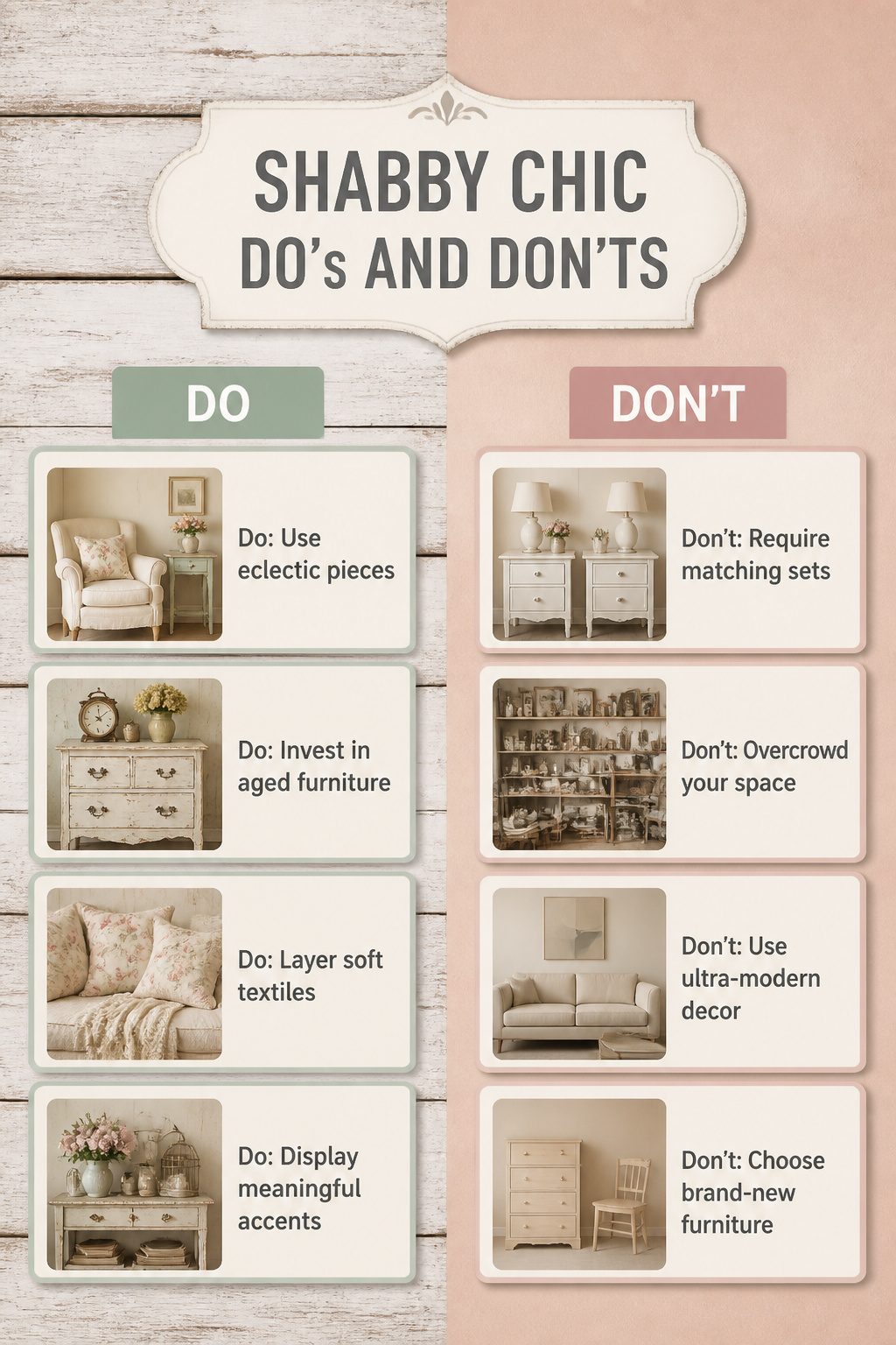 10 Shabby Chic Living Room Ideas for Soft, Lived-In Charm 14 An information image about do's and don'ts in shabby chic decor.