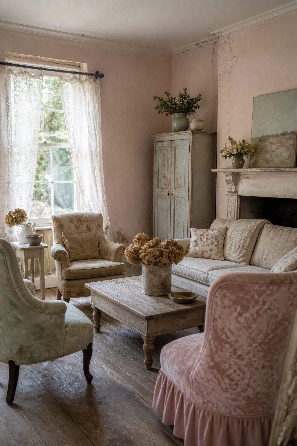 10 Shabby Chic Living Room Ideas for Soft, Lived-In Charm 15 A shabby chic living room with soft pastel walls and rustic furniture.