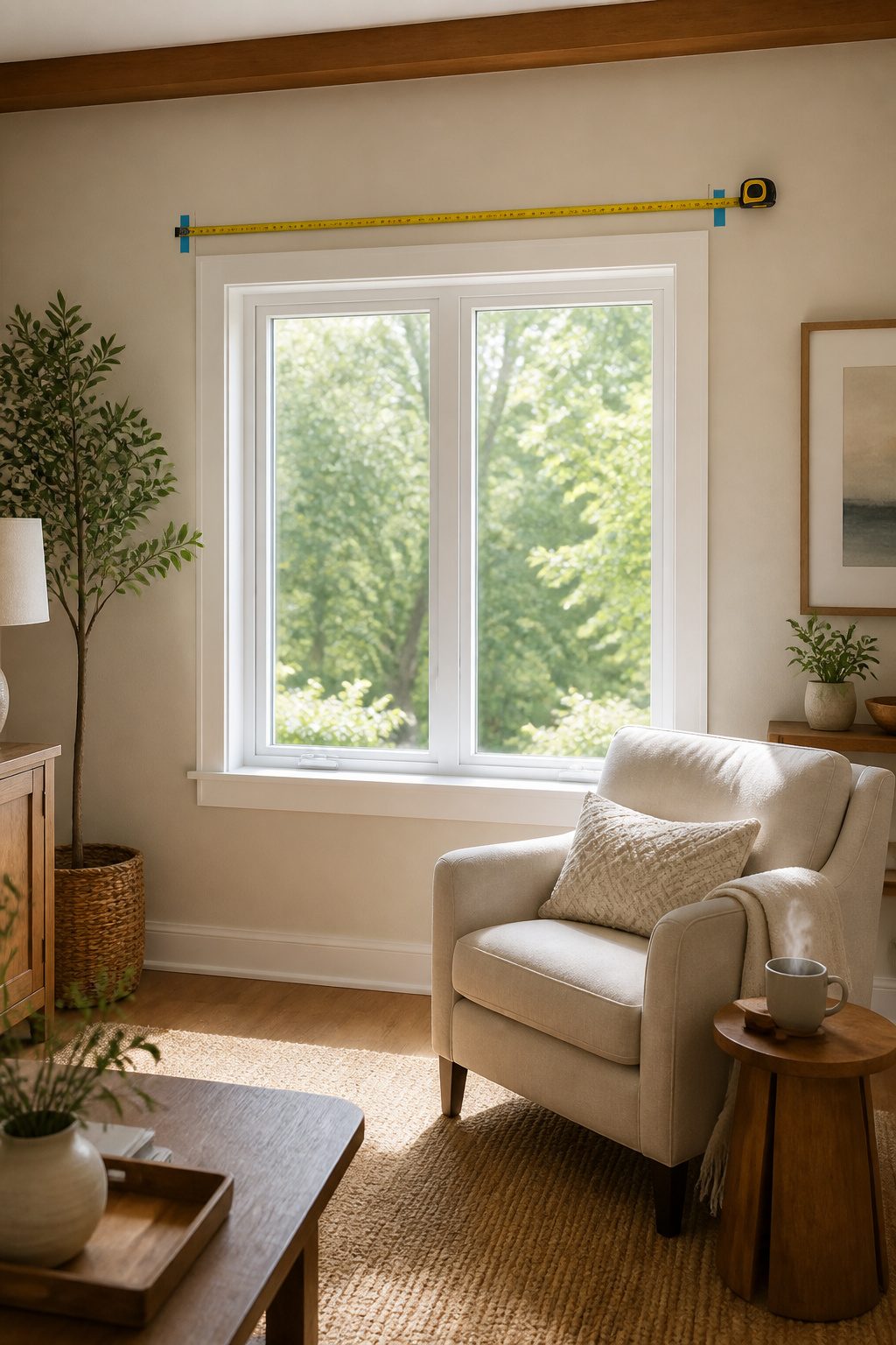 How to Layer Sheer and Curtains Together: A 2026 Installation Guide 2 Measuring tape positioned above a window for curtain rod placement.