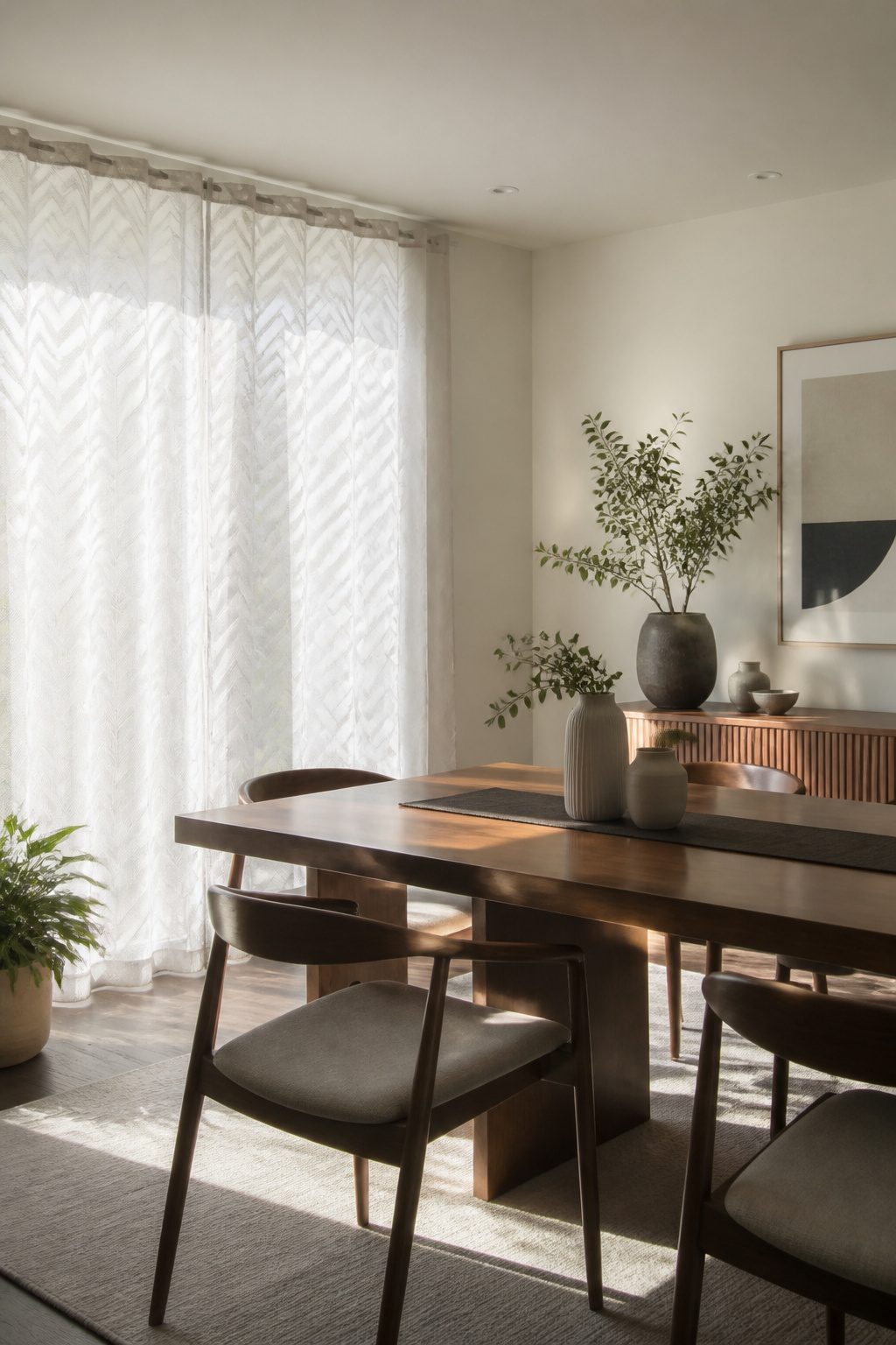 Sheer Curtains With Stars: Twinkling White Sheer Curtain Ideas 3 A chevron stripe jacquard white voile curtain hanging in a dining room.