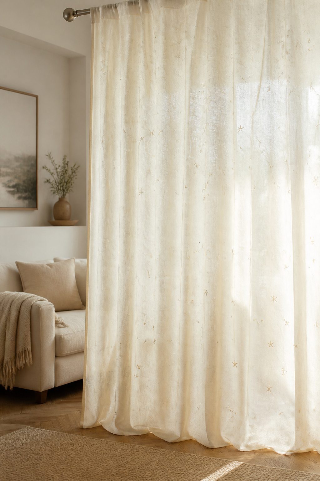 Sheer Curtains With Stars: Twinkling White Sheer Curtain Ideas 4 A cream ivory crushed semi-sheer voile curtain in a cozy living space.