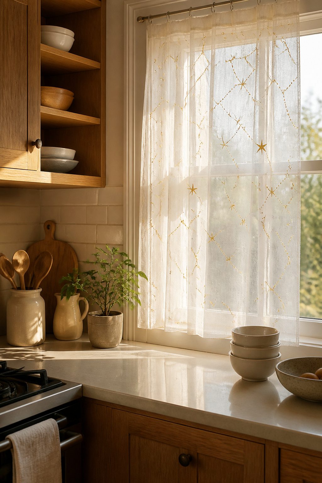 Sheer Curtains With Stars: Twinkling White Sheer Curtain Ideas 11 An ivory white voile curtain featuring delicate cart embroidery.