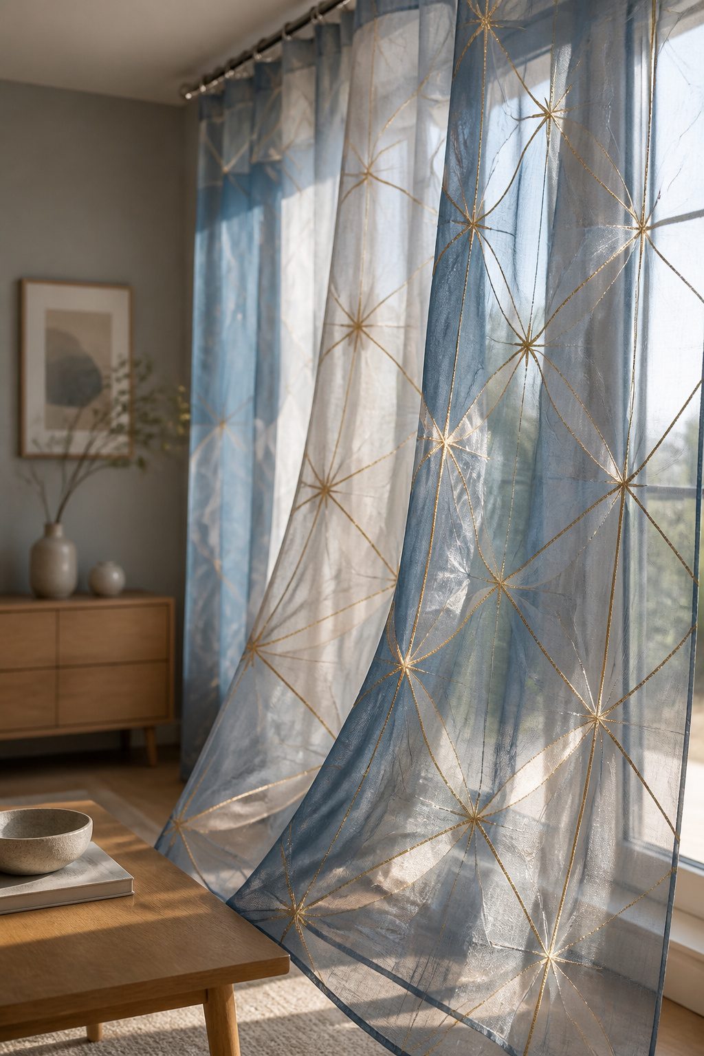 Sheer Curtains With Stars: Twinkling White Sheer Curtain Ideas 10 A white voile curtain with blue and gold geometric embroidery.