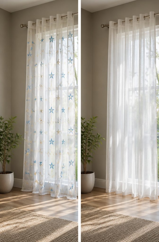 Sheer Curtains With Stars: Twinkling White Sheer Curtain Ideas 12 A white voile curtain with shimmering blue and gold geometric embroidery.