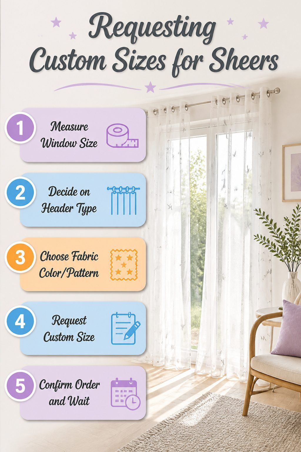 Sheer Curtains With Stars: Twinkling White Sheer Curtain Ideas 16 Image showing options for requesting custom sizes for sheer curtains.