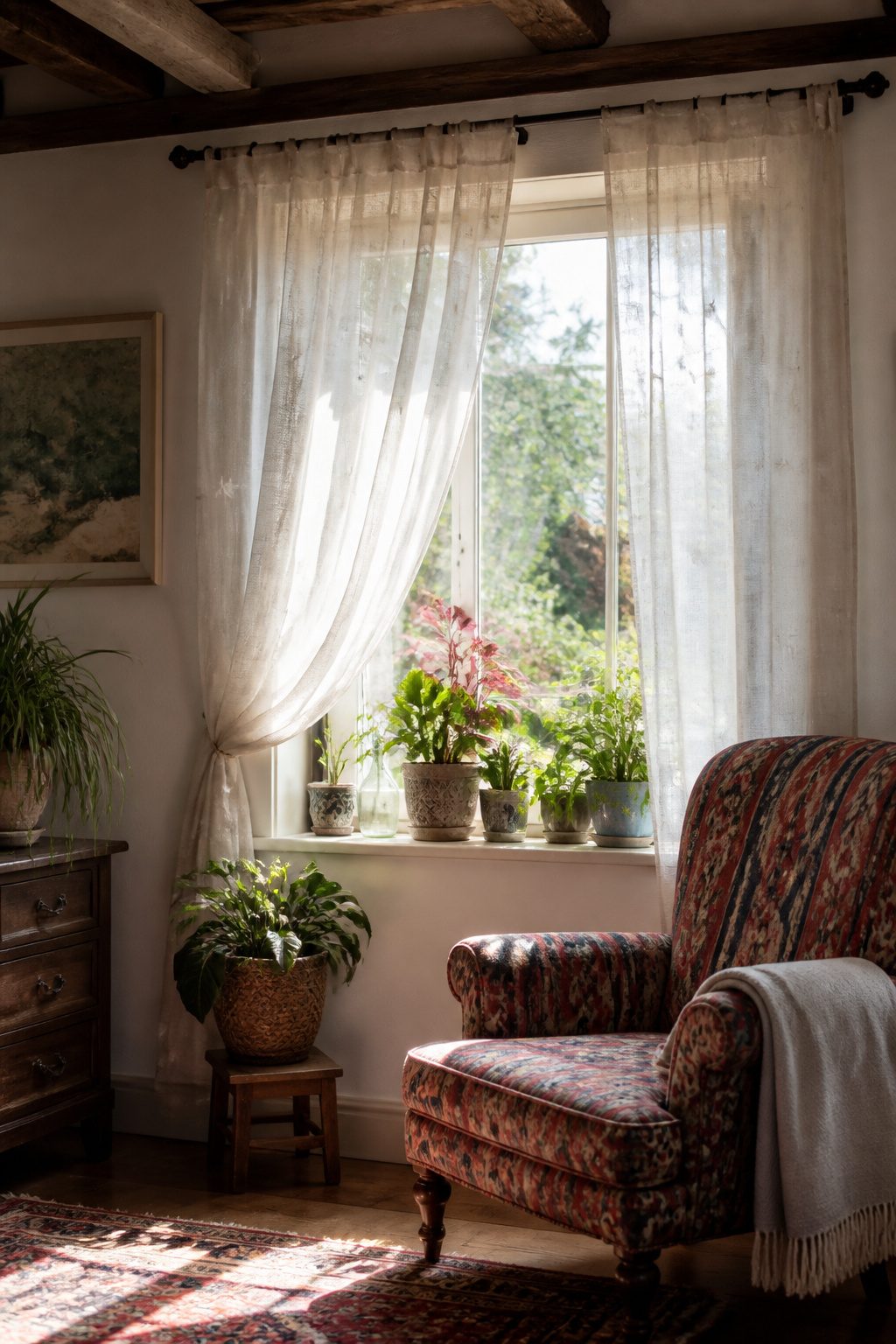 Sheer Curtains With Stars: Twinkling White Sheer Curtain Ideas 7 A natural linen-cotton blend voile curtain in a comfortable room.